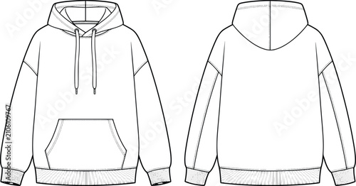 Oversized hoodie technical sketch, front and back view fashion flat, blank hooded sweatshirt vector template for apparel design mockups