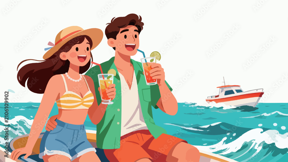 Obraz premium Happy young couple enjoying a fast boat ride on the sea during summer vacation vector illustration