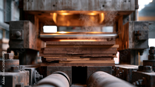 Close Up of Industrial Heated Press Processing Stacked Wooden Panels on Factory Conveyor