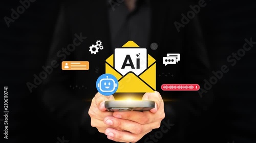 Artificial Intelligence Email Assistant. Person Using AI to Manage Email Inbox. Smart Inbox Automation, Productivity Tools, Generative AI Chatbot, Business Communication, Workflow Automation. 4K Video