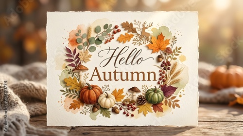 Autumn-themed greeting card with fall foliage and pumpkins. Seasonal celebration and festive design.