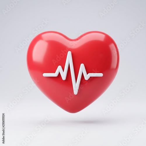 3D rendered red heart with white ekg pulse line icon medical icon cardiogram cardiology healthcare
