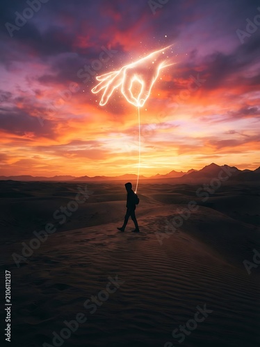 A surreal silhouette of a person walking in a desert under a glowing hand in the sky.