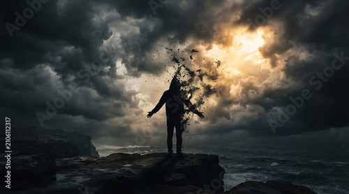 Silhouette of a man dissolving into dark particles against a dramatic stormy sky.