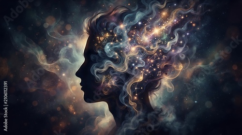 Abstract silhouette of a human head filled with cosmic stardust and nebula clouds.