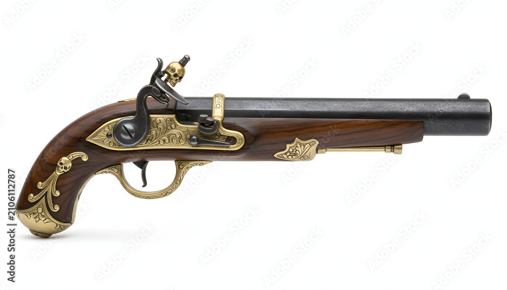 Obraz premium Antique ornate flintlock pistol isolated on white background.