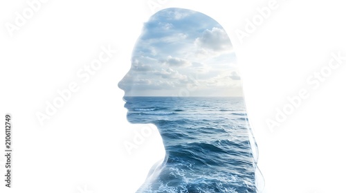 Double exposure silhouette of a woman combined with a serene ocean and cloudy sky.