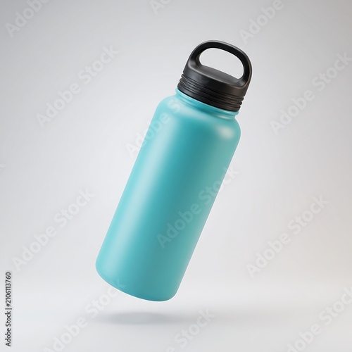 3D render of teal reusable water bottle with black lid plastic free reusable hydration container isolated