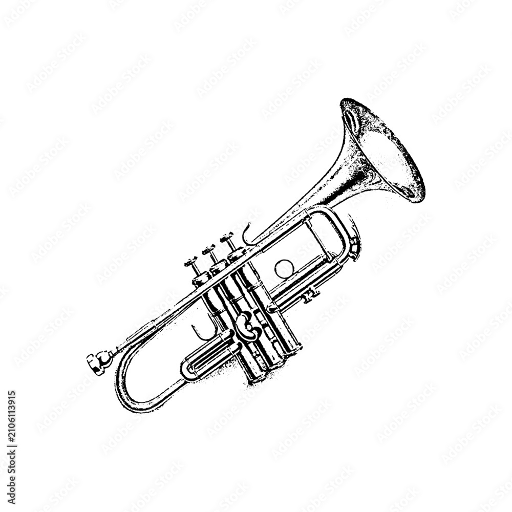 Obraz premium Detailed ink drawing of a trumpet brass musical instrument with instrument illustration classical orchestra monochrome isolated engraving symphony performance brassware metallic acoustic