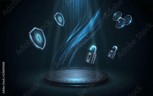 Cybersecurity Concept With Digital Locks, Shields and Encryption Streams Protecting Data and Authentication