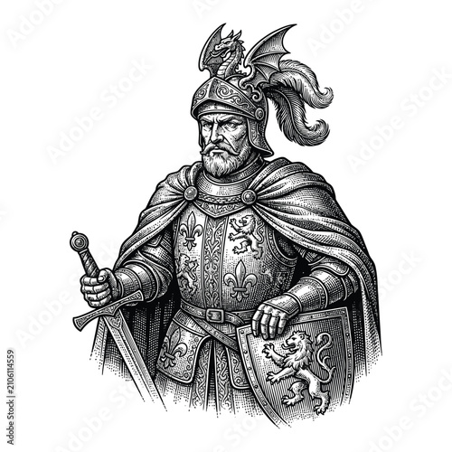 Vintage engraving illustration of a medieval knight in full plate armor holding a sword and shield.