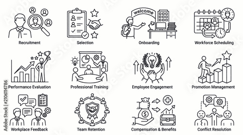 Collection of hand-drawn icons representing various professions and daily activities.