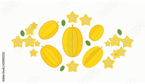 Foto Yellow Carambola Star Fruit Flat Vector Collection with Tropical Fruit Slices
