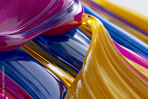 Vibrant Acrylic Paint Swirls with Glossy Multicolor Brush Movement in Artistic Macro View