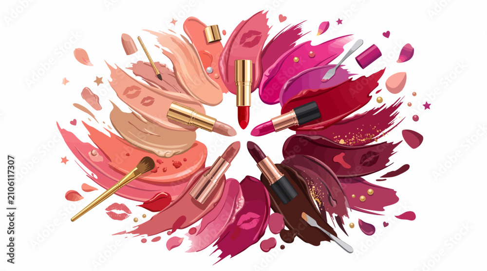 Fototapeta premium A vibrant circular display of diverse lipstick shades, swatches, and tubes, showcasing a wide spectrum of cosmetic colors from nudes to deep reds and berries.