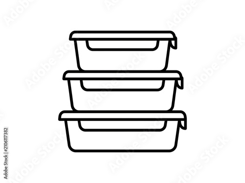 A simple black and white line art illustration of three stacked food storage containers.