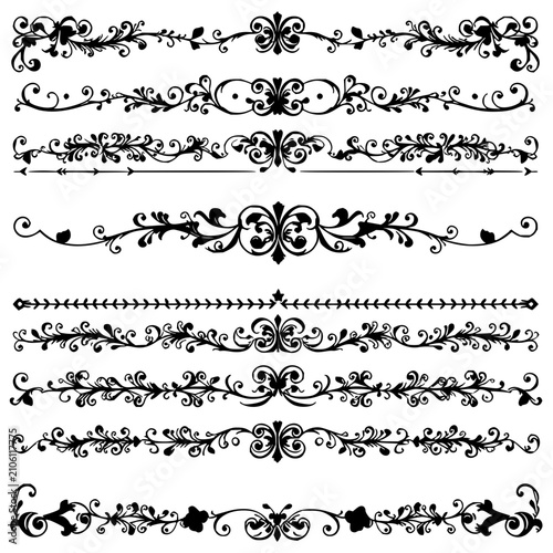 Floral and vine border set with intricate floral and vine border designs arranged in horizontal rows featuring monochrome, black and white, classical with vector illustration and elegant