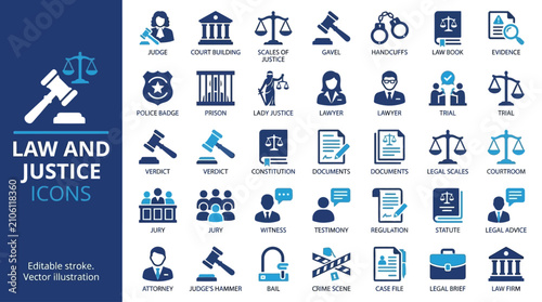 Comprehensive collection of ninety linear vector icons representing legal systems, criminal justice, judicial regulations, courthouse authority, law enforcement, and civil rights symbols.