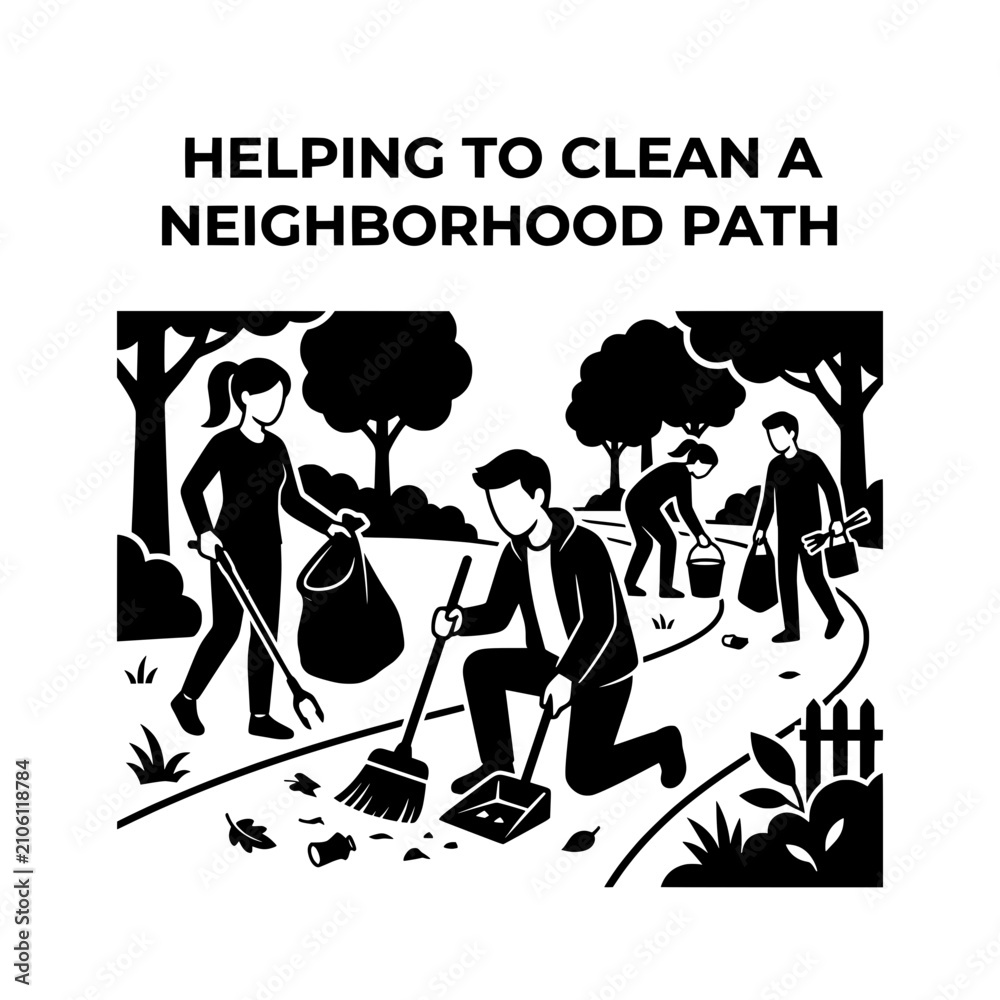 Obraz premium Community Volunteers Cleaning Neighborhood Path Removing Litter and Helping.