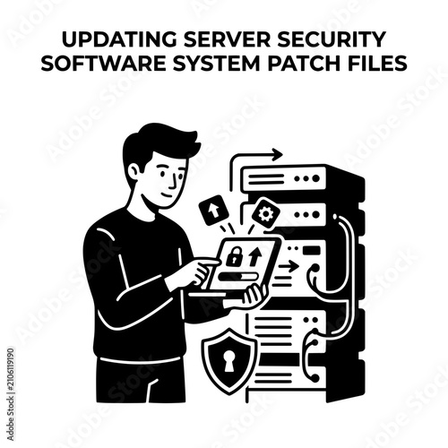 Man updating server security software system patch files using tablet.