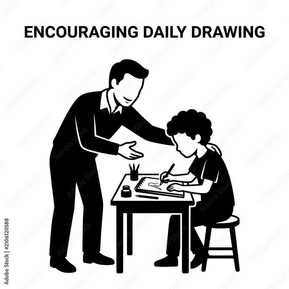 Fototapeta premium Father assisting son with drawing at a small table encouraging creativity.