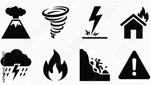 Foto Natural disaster emergency icon set featuring volcano tornado lightning house fi