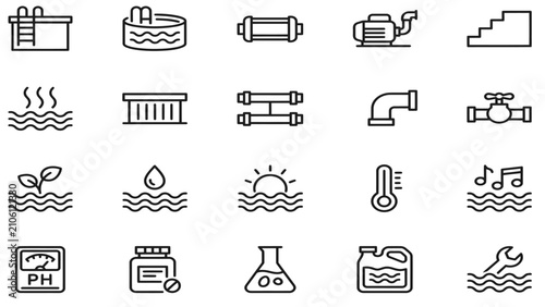 Fotografía Swimming pool and hot tub maintenance line icon set featuring filter pump pipes
