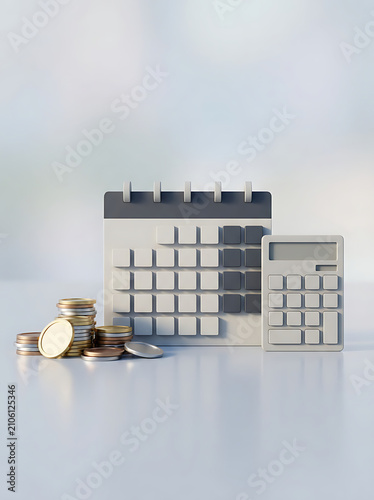 A desk calendar with a calculator and a stack of coins.