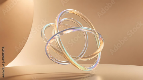 Abstract iridescent intertwined rings floating in a minimalist composition.