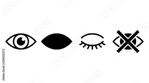Human eye and vision icons set in black and white. Simple line art facial features for medical, security, and design projects.