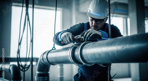 Industrial Worker Meticulously Installing Large Pipeline System