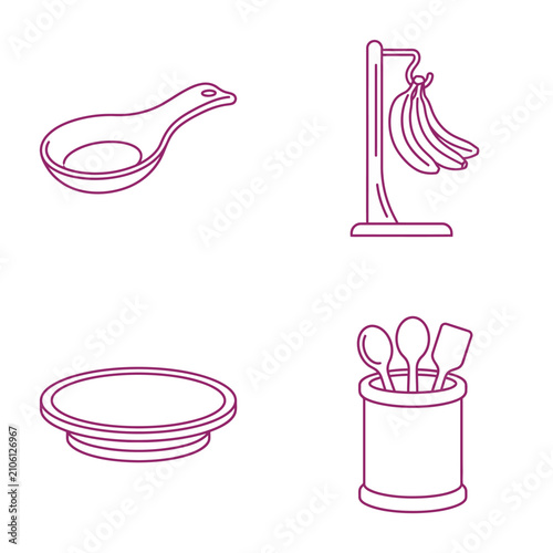 Kitchen Utensils Line Art Icons: Spoon, Banana Hanger, Plate, Utensil Holder