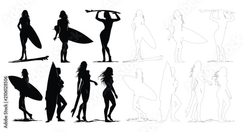 Set of female surfer silhouettes and line art drawings