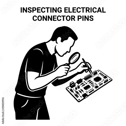 Technician Inspecting Electrical Connector Pins with Magnifying Glass.
