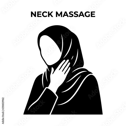 Woman in Hijab Gently Massaging Her Neck for Relaxation.
