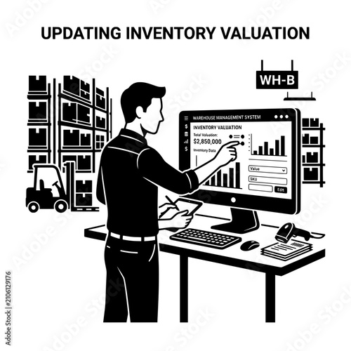 Warehouse Employee Analyzing Inventory Valuation on Computer Screen.