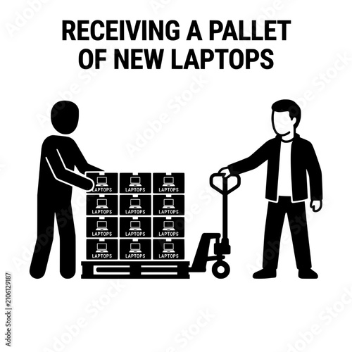 Workers Unloading a Pallet of New Laptop Computers for Inventory.