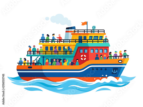 A colorful passenger ferry boat sailing on the ocean with many people on board.