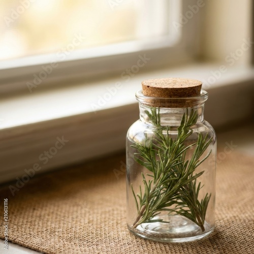 Organic Fresh Rosemary Sprigs in a Glass Jar with Cork Lid on Burlap, Sustainable Wellness and Natural Herbal Kitchen Concept, Flexible Layout, Copy Space