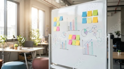 Strategic Business Planning Session on Whiteboard with Growth Charts and Sticky Notes in Modern Office Space, Hero Header Background