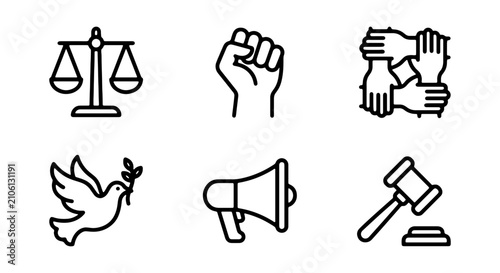Justice, Peace, and Equality Icons: Scales, Fist, Dove, Megaphone, Gavel, Unity