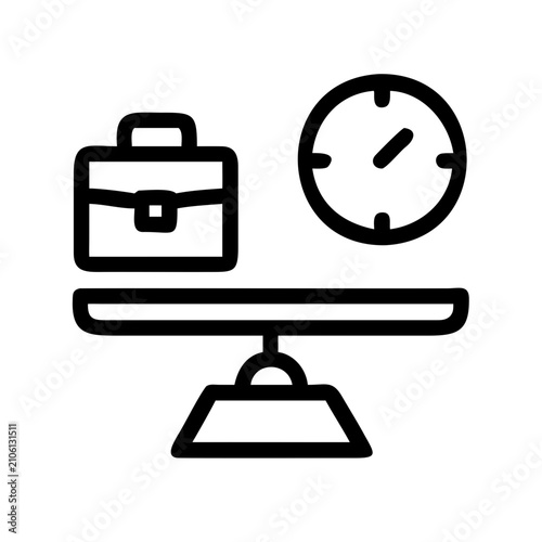 Balance scale with briefcase and clock icon - Minimalist black and white icon showing a balance scale holding a briefcase and clock symbolizing work-life balance