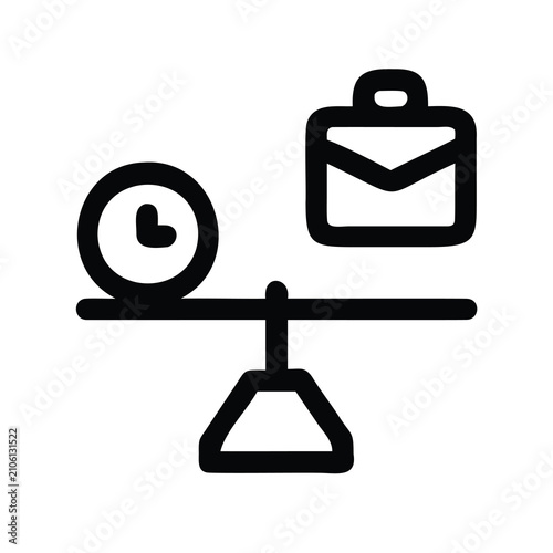 Balance scale with clock and envelope icons - Minimalist icon of a balance scale holding a clock and envelope, symbolizing time and communication equilibrium