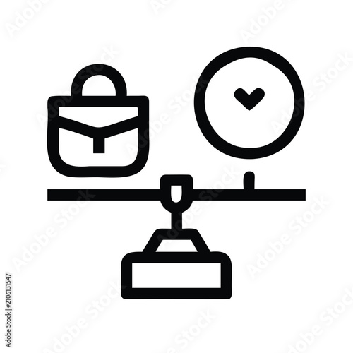 Balance scale with briefcase and heart symbol - Minimal black and white balance scale icon featuring a briefcase and heart symbol on each side.