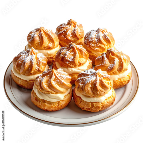 Cream puffs crowned with powdered sugar on a decorative plate isolated on white background