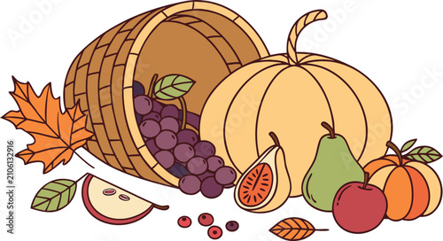 Autumn harvest cornucopia with pumpkin grapes and fruit