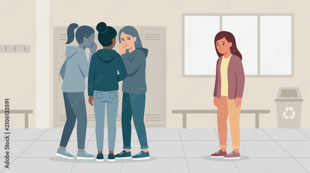 Fototapeta premium A flat design illustration visualizes relational aggression among teenage girls, showing a group excluding and giving the cold shoulder to one peer.