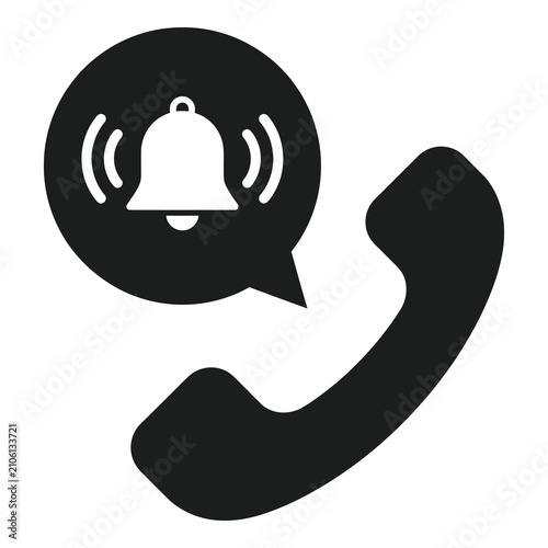 Fotografie Black telephone receiver with bell icon in speech bubble on white background ico