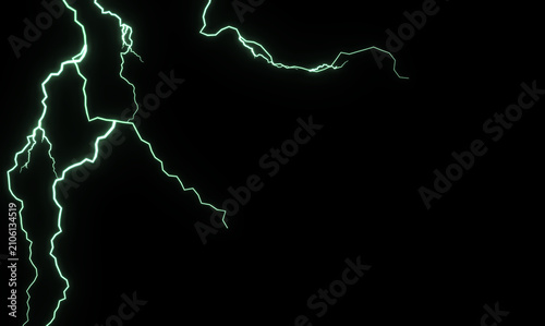 A dramatic digital illustration of a jagged, branching lightning bolt against a pitch-black background