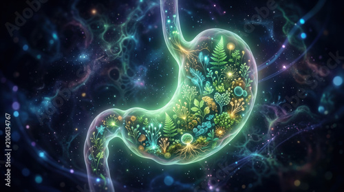 Glowing transparent stomach filled with magical botanical plants and flora representing a healthy gut microbiome, probiotics, and holistic natural medicine.